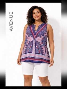 AVENUE Womens 14/16 Patriotic Boho Hippie Peasant Floral Red White Blue Tank Top